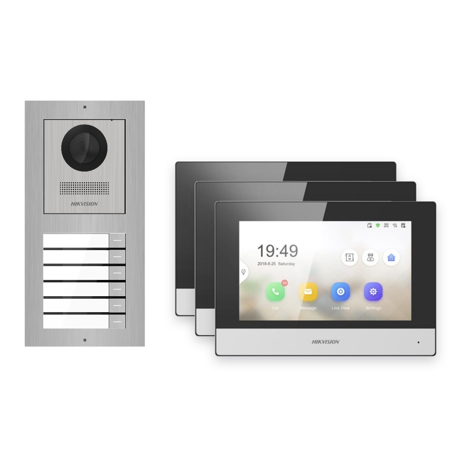 Hikvision 2-Draht-IP Video-Türsprechanlage 3-Familienhaus – Komplett-Set Edelstahl, Monitor schwarz – Türstation und Innenstation