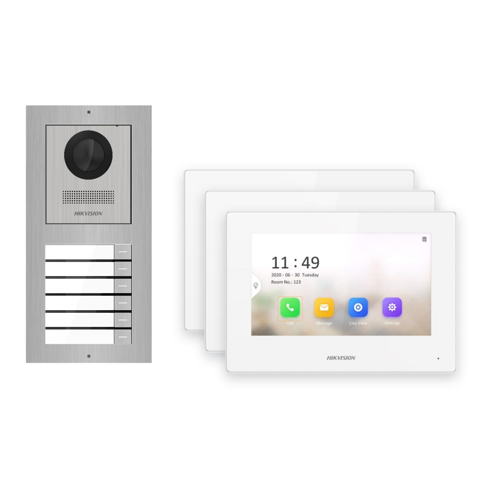Hikvision 2-Draht-IP Video-Türsprechanlage 3-Familienhaus – Komplett-Set Edelstahl, Monitor weiss – Türstation und Innenstation