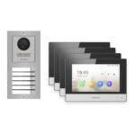 Hikvision 2-Draht-IP Video-Türsprechanlage 4-Familienhaus – Komplett-Set Edelstahl, Monitor schwarz – Türstation und Innenstation
