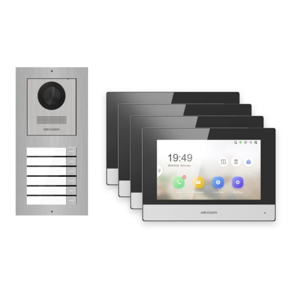 Hikvision 2-Draht-IP Video-Türsprechanlage 4-Familienhaus – Komplett-Set Edelstahl, Monitor schwarz – Türstation und Innenstation