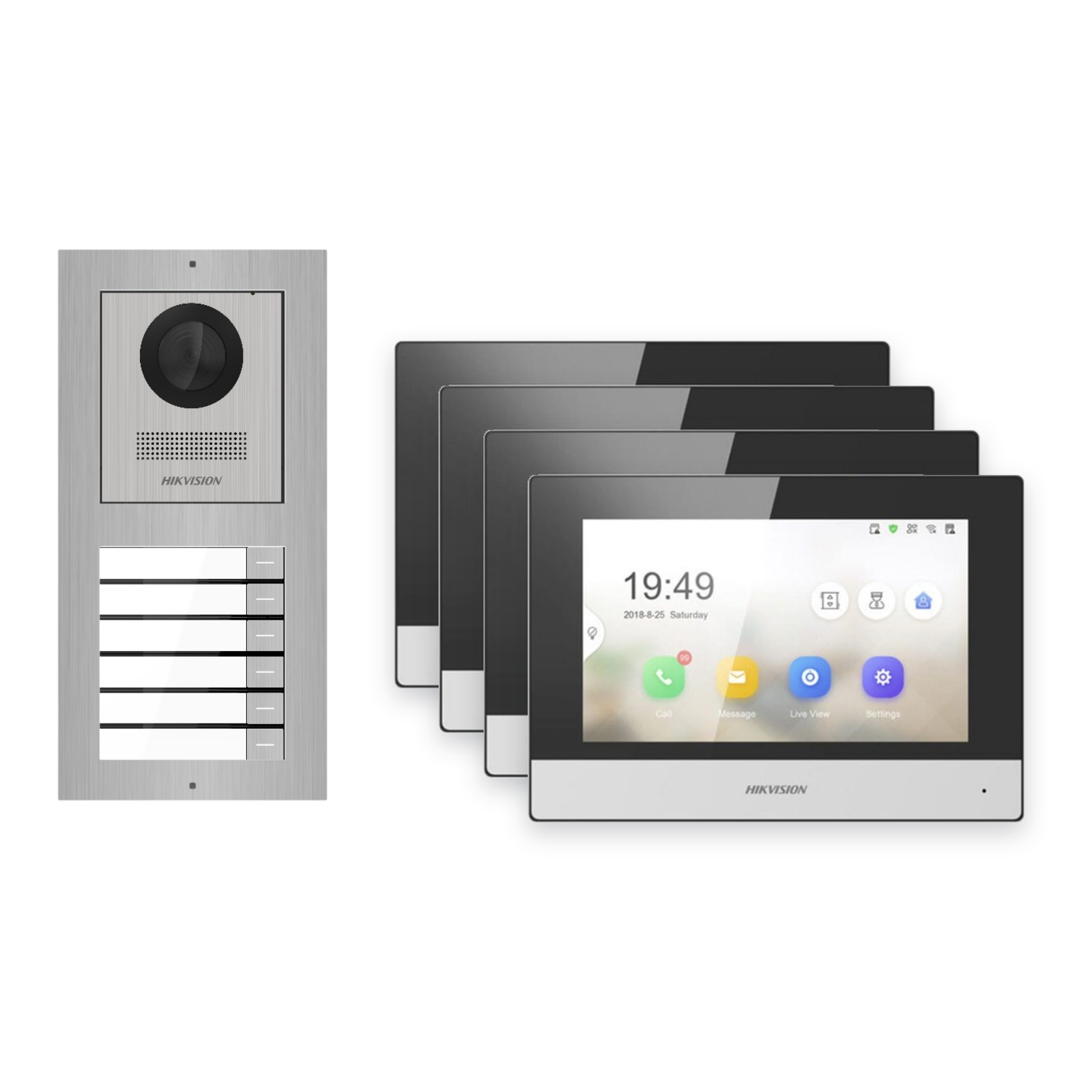 Hikvision 2-Draht-IP Video-Türsprechanlage 4-Familienhaus – Komplett-Set Edelstahl, Monitor schwarz – Türstation und Innenstation