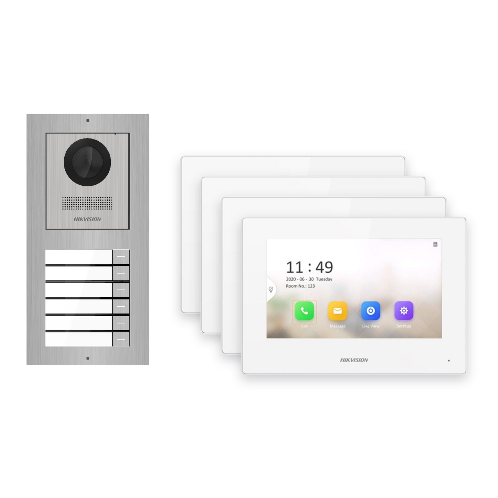Hikvision 2-Draht-IP Video-Türsprechanlage 4-Familienhaus – Komplett-Set Edelstahl, Monitor weiss – Türstation und Innenstation