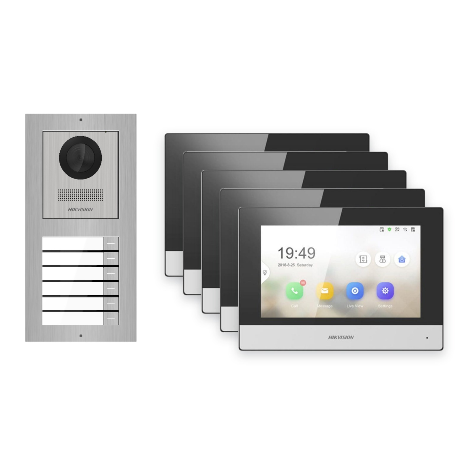 Hikvision 2-Draht-IP Video-Türsprechanlage 5-Familienhaus – Komplett-Set Edelstahl, Monitor schwarz – Türstation und Innenstation