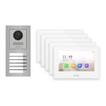 Hikvision 2-Draht-IP Video-Türsprechanlage 5-Familienhaus – Komplett-Set Edelstahl, Monitor weiss – Türstation und Innenstation