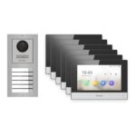 Hikvision 2-Draht-IP Video-Türsprechanlage 6-Familienhaus – Komplett-Set Edelstahl, Monitor schwarz – Türstation und Innenstation