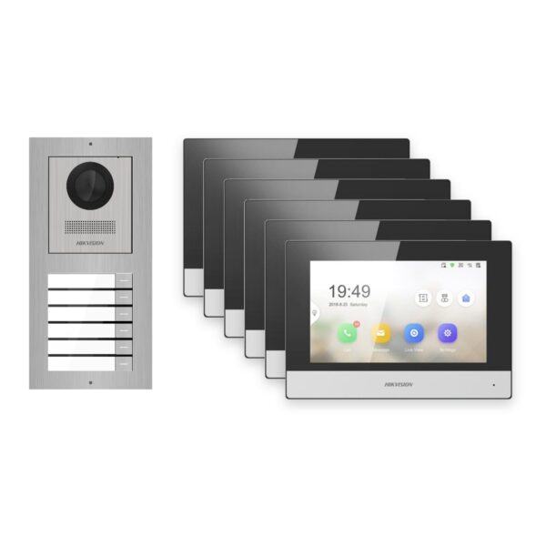 Hikvision 2-Draht-IP Video-Türsprechanlage 6-Familienhaus – Komplett-Set Edelstahl, Monitor schwarz – Türstation und Innenstation