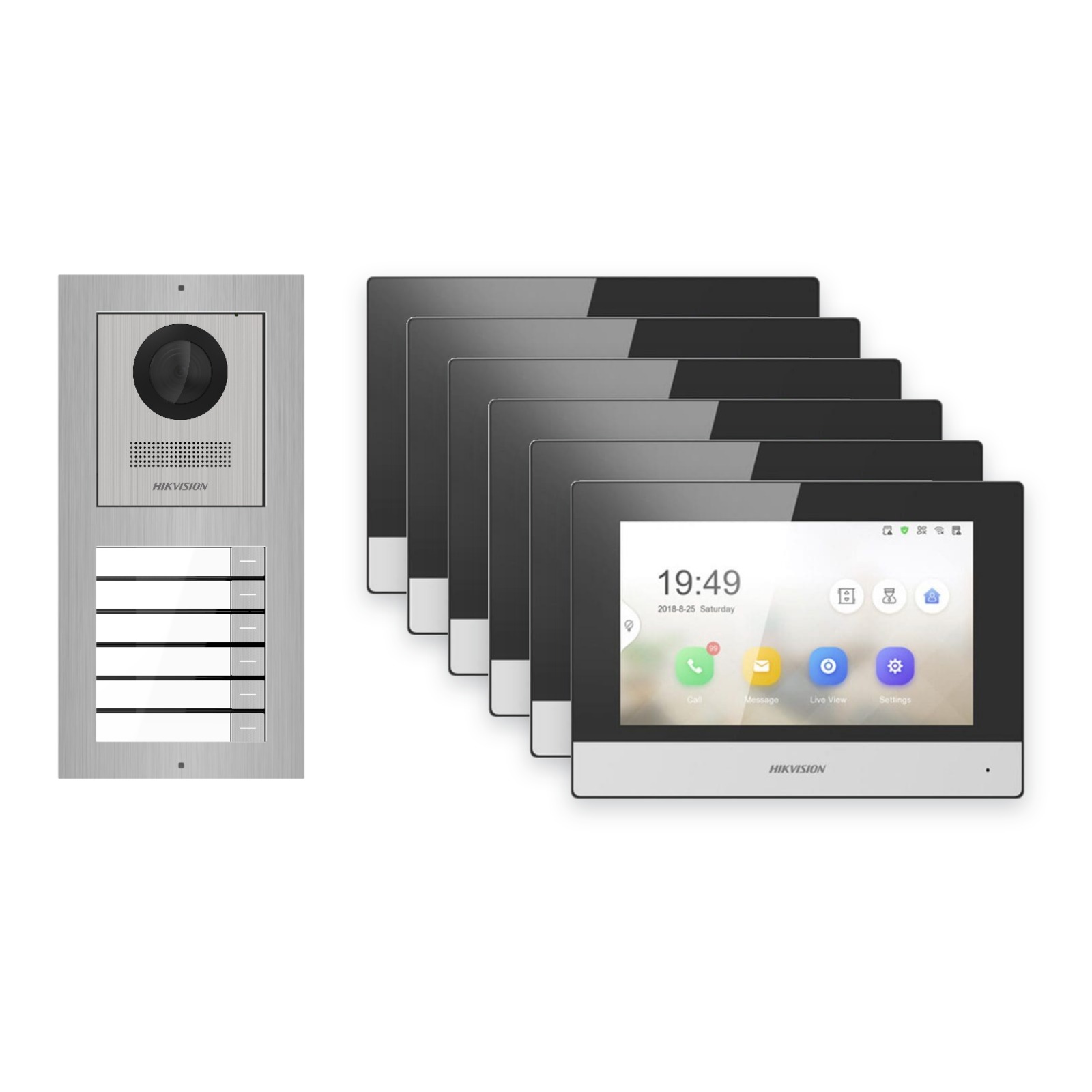 Hikvision 2-Draht-IP Video-Türsprechanlage 6-Familienhaus – Komplett-Set Edelstahl, Monitor schwarz – Türstation und Innenstation