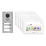 Hikvision 2-Draht-IP Video-Türsprechanlage 6-Familienhaus – Komplett-Set Edelstahl, Monitor weiss – Türstation und Innenstation