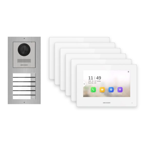 Hikvision 2-Draht-IP Video-Türsprechanlage 6-Familienhaus – Komplett-Set Edelstahl, Monitor weiss – Türstation und Innenstation