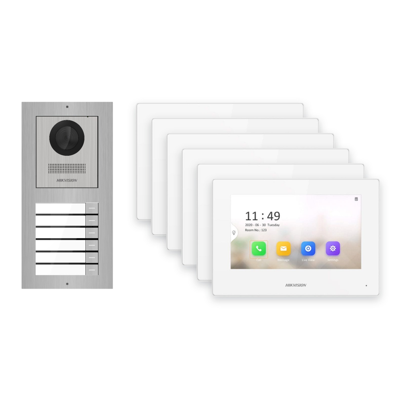 Hikvision 2-Draht-IP Video-Türsprechanlage 6-Familienhaus – Komplett-Set Edelstahl, Monitor weiss – Türstation und Innenstation
