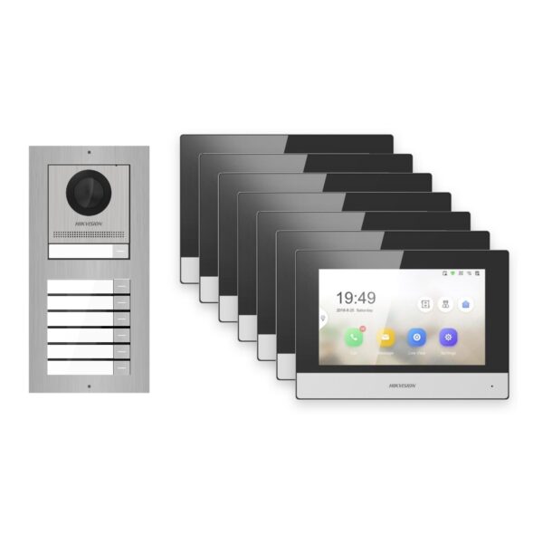 Hikvision 2-Draht-IP Video-Türsprechanlage 7-Familienhaus – Komplett-Set Edelstahl, Monitor schwarz – Türstation und Innenstation