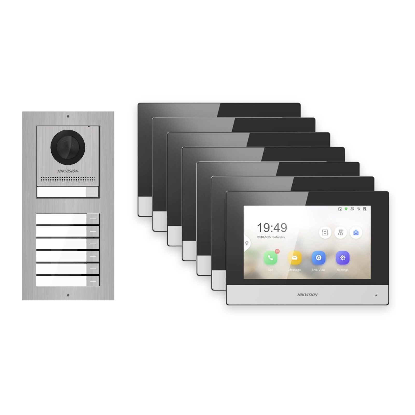 Hikvision 2-Draht-IP Video-Türsprechanlage 7-Familienhaus – Komplett-Set Edelstahl, Monitor schwarz – Türstation und Innenstation