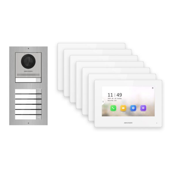 Hikvision 2-Draht-IP Video-Türsprechanlage 7-Familienhaus – Komplett-Set Edelstahl, Monitor weiss – Türstation und Innenstation