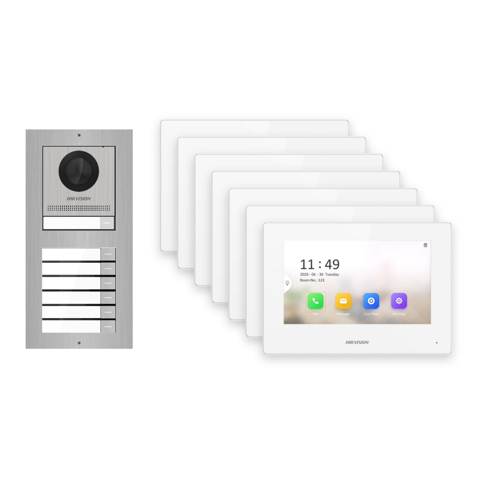 Hikvision 2-Draht-IP Video-Türsprechanlage 7-Familienhaus – Komplett-Set Edelstahl, Monitor weiss – Türstation und Innenstation