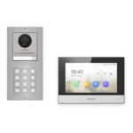 Hikvision 2-Draht-IP Video-Türsprechanlage Einfamilienhaus – Komplett-Set mit Zahlencode, Monitor schwarz – Türstation und Innenstation