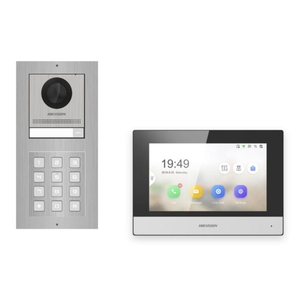 Hikvision 2-Draht-IP Video-Türsprechanlage Einfamilienhaus – Komplett-Set mit Zahlencode, Monitor schwarz – Türstation und Innenstation