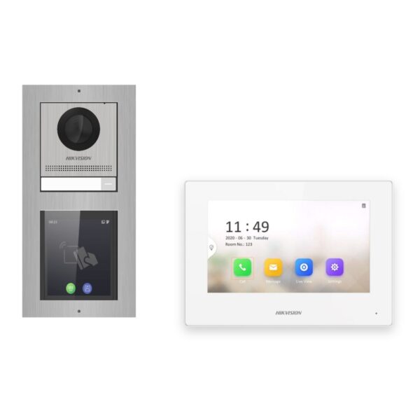 Hikvision 2-Draht-IP Video-Türsprechanlage Einfamilienhaus – Komplett-Set mit Touch-Display, Monitor weiss – Türstation und Innenstation