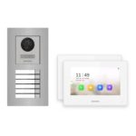 Hikvision 2-Draht-IP Video-Türsprechanlage 2-Familienhaus – Komplett-Set Edelstahl, Monitor weiss, Unterputz – Türstation und Innenstation
