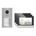 Hikvision 2-Draht-IP Video-Türsprechanlage 3-Familienhaus – Komplett-Set Edelstahl, Monitor schwarz, Unterputz – Türstation und Innenstation