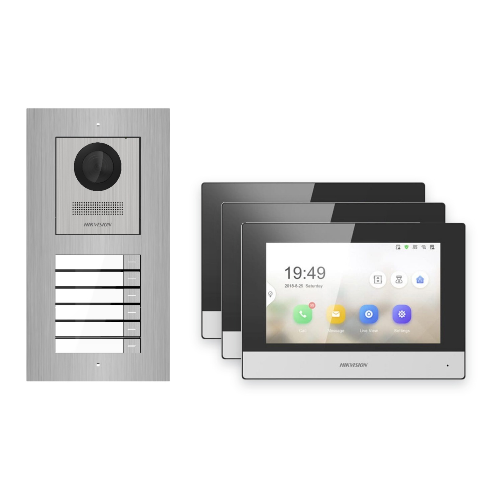 Hikvision 2-Draht-IP Video-Türsprechanlage 3-Familienhaus – Komplett-Set Edelstahl, Monitor schwarz, Unterputz Hikvision 2-Draht-IP Video-Türsprechanlage 3-Familienhaus – Komplett-Set Edelstahl, Monitor schwarz, Unterputz – Türstation und Innenstation