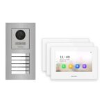 Hikvision 2-Draht-IP Video-Türsprechanlage 3-Familienhaus – Komplett-Set Edelstahl, Monitor weiss, Unterputz – Türstation und Innenstation