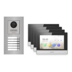 Hikvision 2-Draht-IP Video-Türsprechanlage 4-Familienhaus – Komplett-Set Edelstahl, Monitor schwarz, Unterputz – Türstation und Innenstation