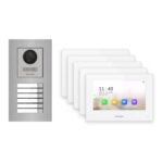 Hikvision 2-Draht-IP Video-Türsprechanlage 5-Familienhaus – Komplett-Set Edelstahl, Monitor weiss, Unterputz – Türstation und Innenstation