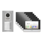 Hikvision 2-Draht-IP Video-Türsprechanlage 6-Familienhaus – Komplett-Set Edelstahl, Monitor schwarz, Unterputz – Türstation und Innenstation