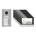 Hikvision 2-Draht-IP Video-Türsprechanlage 7-Familienhaus – Komplett-Set Edelstahl, Monitor schwarz, Unterputz – Türstation und Innenstation