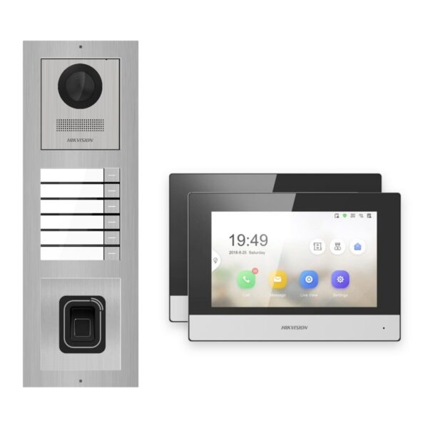 Hikvision 2-Draht-IP Video-Türsprechanlage 2-Familienhaus – Komplett-Set mit Fingerprint, Monitor schwarz – Türstation und Innenstation