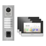 Hikvision 2-Draht-IP Video-Türsprechanlage 3-Familienhaus – Komplett-Set mit Fingerprint, Monitor schwarz – Türstation und Innenstation