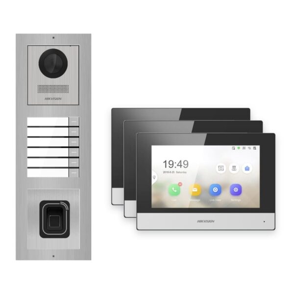 Hikvision 2-Draht-IP Video-Türsprechanlage 3-Familienhaus – Komplett-Set mit Fingerprint, Monitor schwarz – Türstation und Innenstation