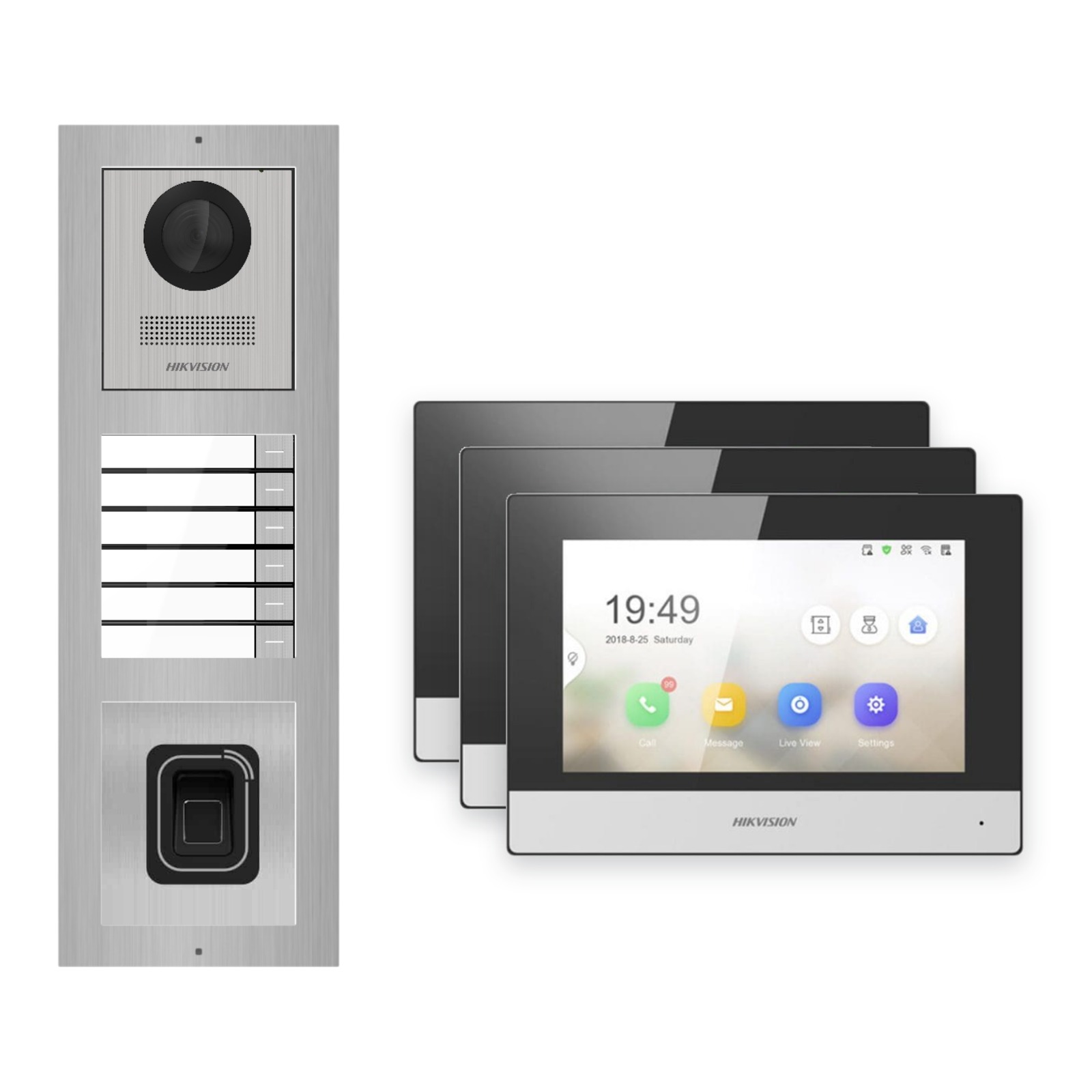 Hikvision 2-Draht-IP Video-Türsprechanlage 3-Familienhaus – Komplett-Set mit Fingerprint, Monitor schwarz – Türstation und Innenstation
