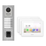 Hikvision 2-Draht-IP Video-Türsprechanlage 3-Familienhaus – Komplett-Set mit Fingerprint, Monitor weiss – Türstation und Innenstation