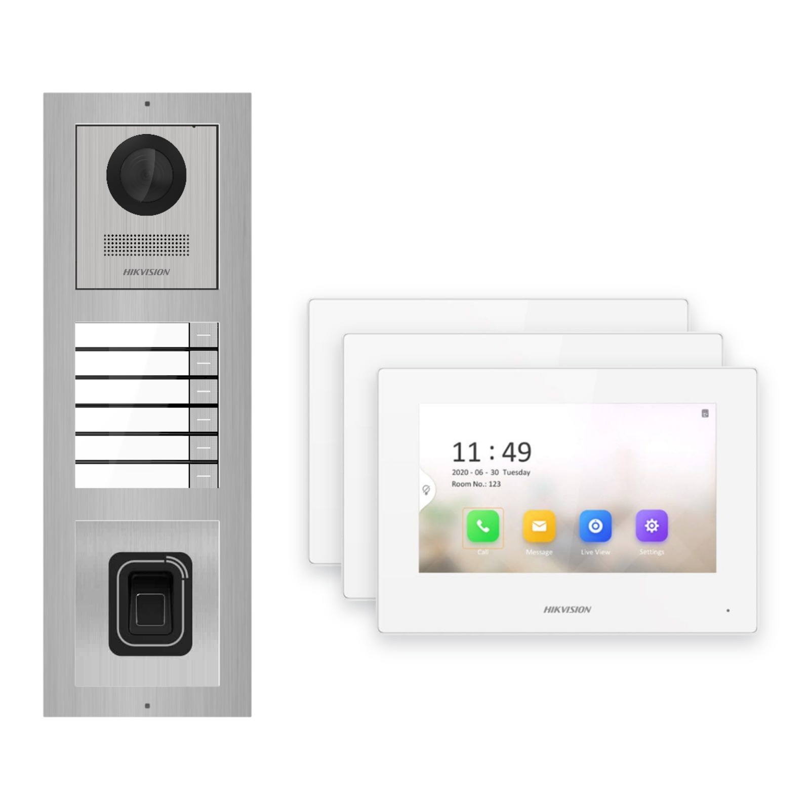 Hikvision 2-Draht-IP Video-Türsprechanlage 3-Familienhaus – Komplett-Set mit Fingerprint, Monitor weiss – Türstation und Innenstation