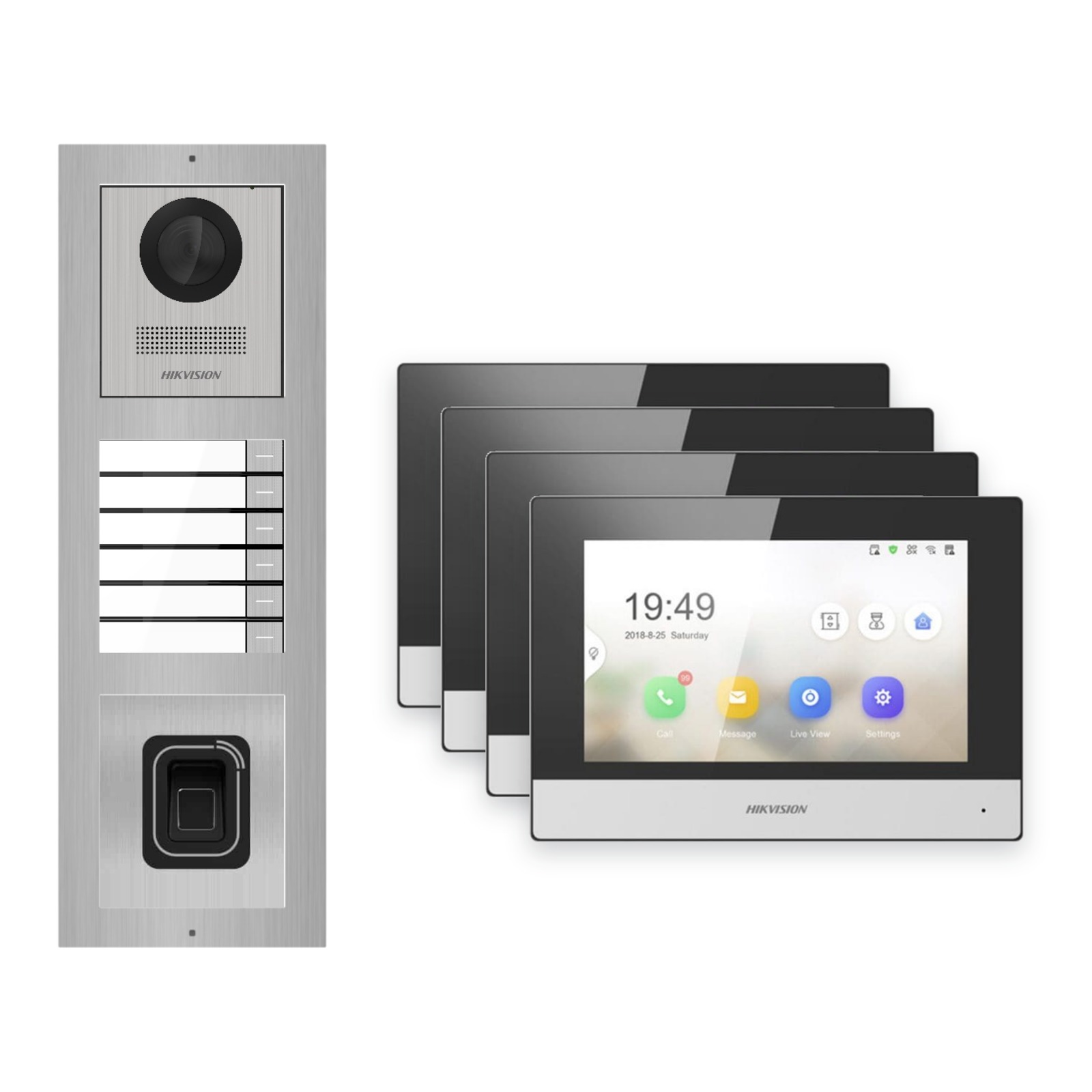 Hikvision 2-Draht-IP Video-Türsprechanlage 4-Familienhaus – Komplett-Set mit Fingerprint, Monitor schwarz – Türstation und Innenstation