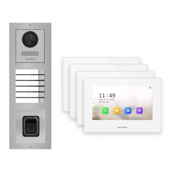 Hikvision 2-Draht-IP Video-Türsprechanlage 4-Familienhaus – Komplett-Set mit Fingerprint, Monitor weiss – Türstation und Innenstation