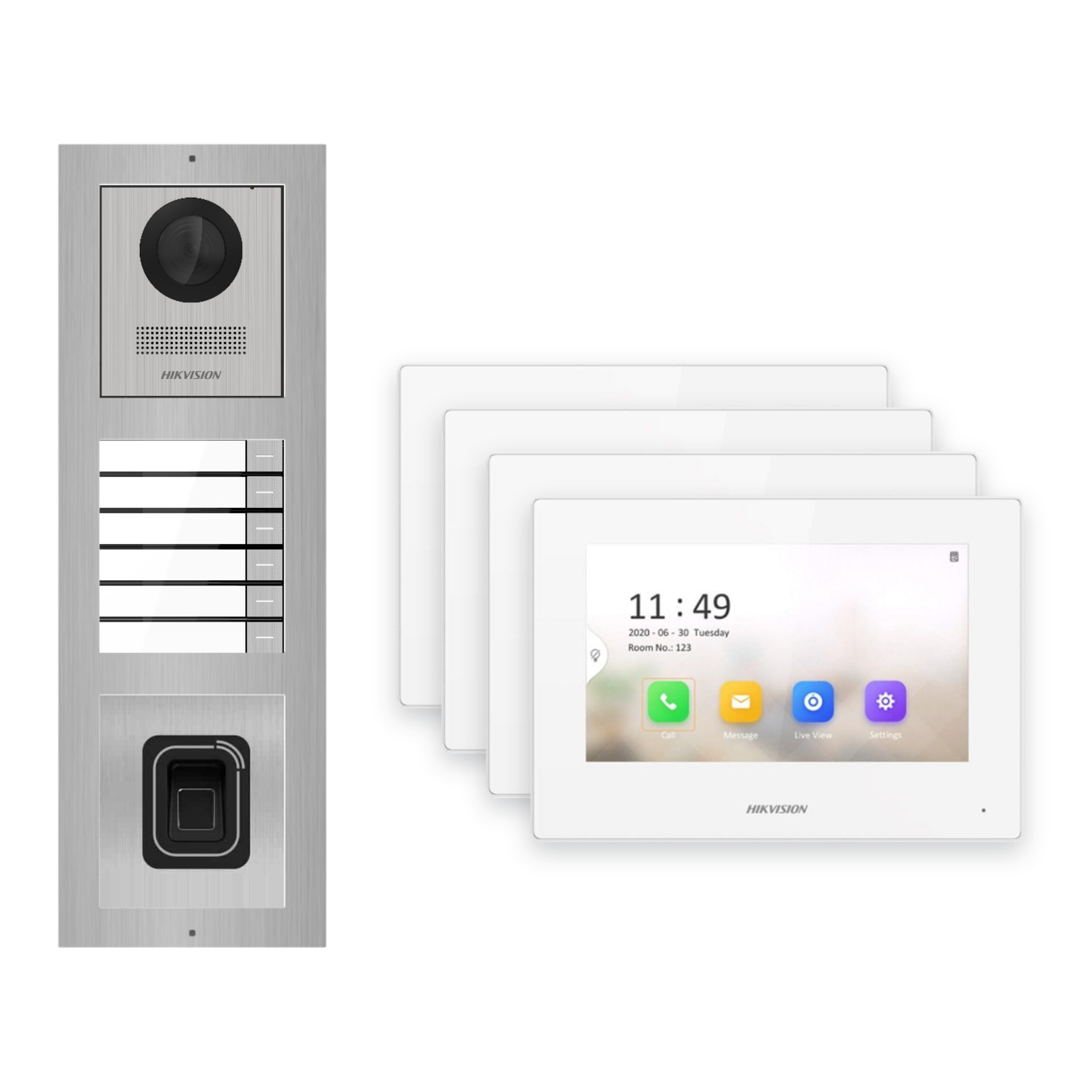 Hikvision 2-Draht-IP Video-Türsprechanlage 4-Familienhaus – Komplett-Set mit Fingerprint, Monitor weiss – Türstation und Innenstation