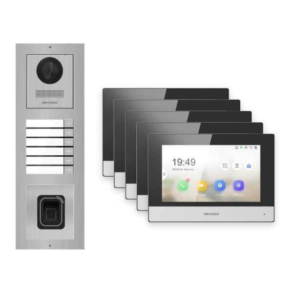 Hikvision 2-Draht-IP Video-Türsprechanlage 5-Familienhaus – Komplett-Set mit Fingerprint, Monitor schwarz – Türstation und Innenstation