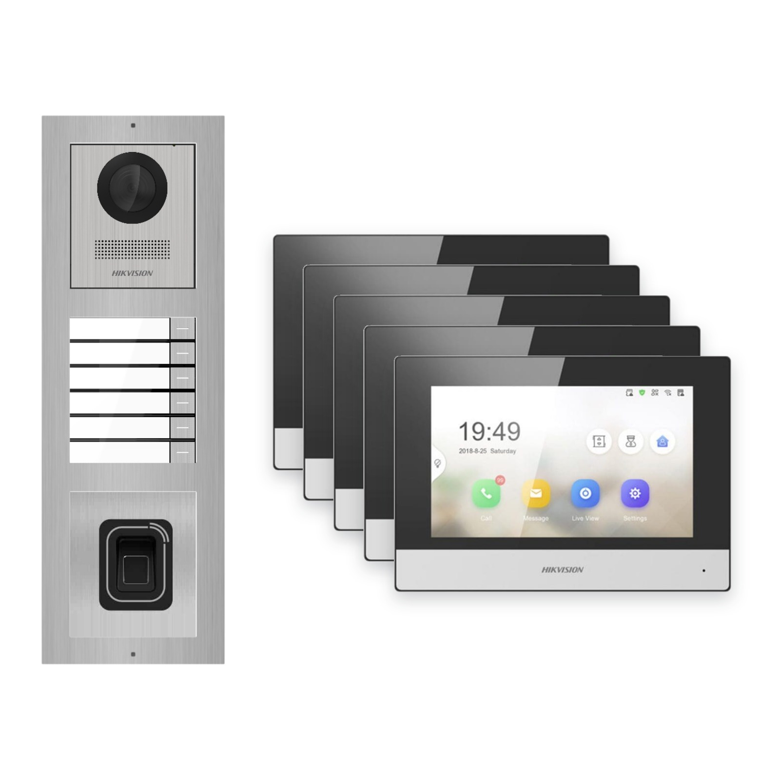Hikvision 2-Draht-IP Video-Türsprechanlage 5-Familienhaus – Komplett-Set mit Fingerprint, Monitor schwarz – Türstation und Innenstation