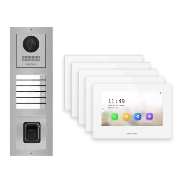 Hikvision 2-Draht-IP Video-Türsprechanlage 5-Familienhaus – Komplett-Set mit Fingerprint, Monitor weiss – Türstation und Innenstation