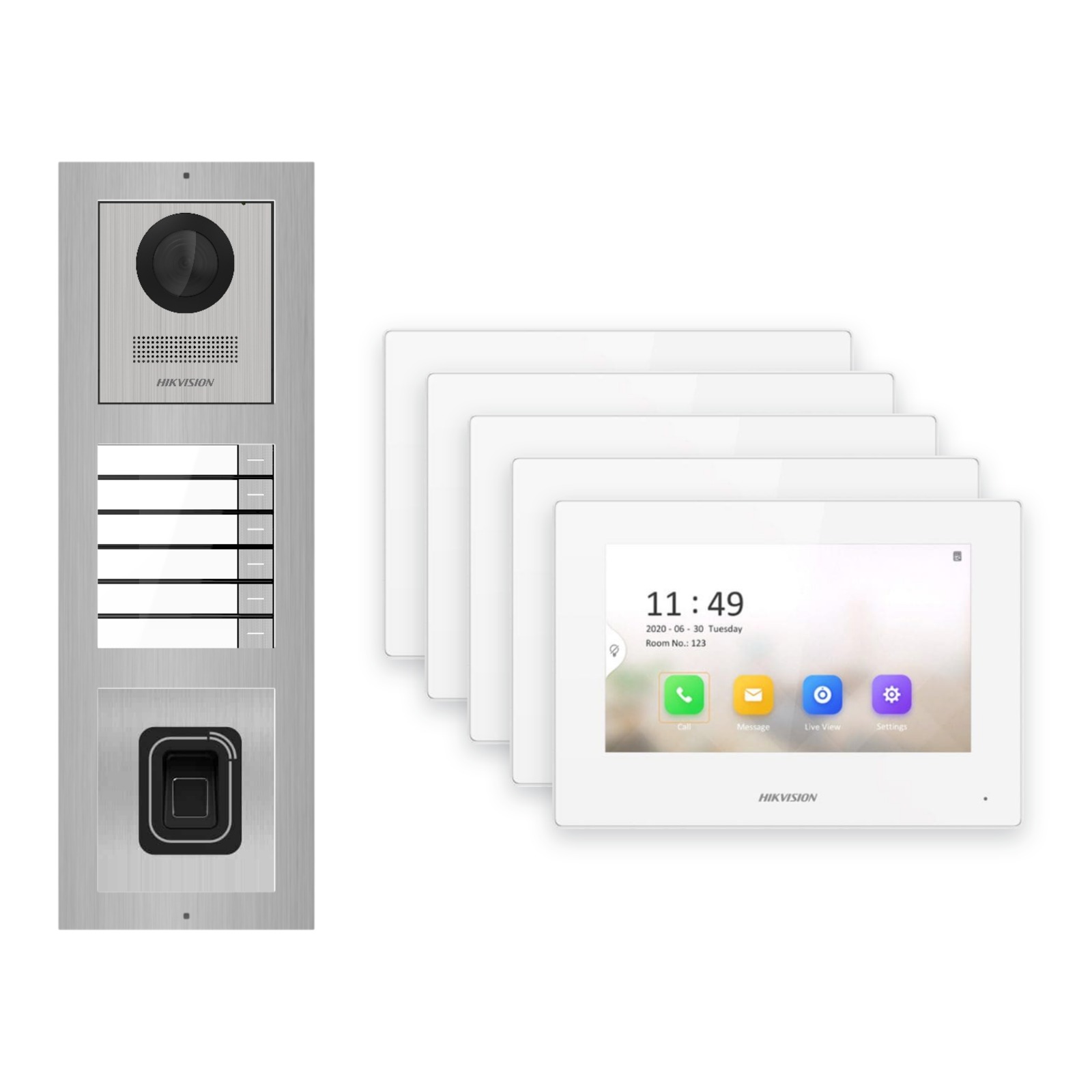 Hikvision 2-Draht-IP Video-Türsprechanlage 5-Familienhaus – Komplett-Set mit Fingerprint, Monitor weiss – Türstation und Innenstation