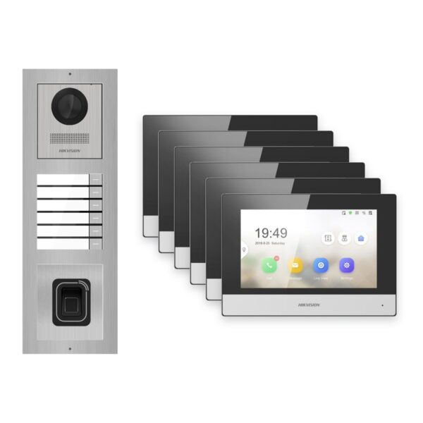 Hikvision 2-Draht-IP Video-Türsprechanlage 6-Familienhaus – Komplett-Set mit Fingerprint, Monitor schwarz – Türstation und Innenstation