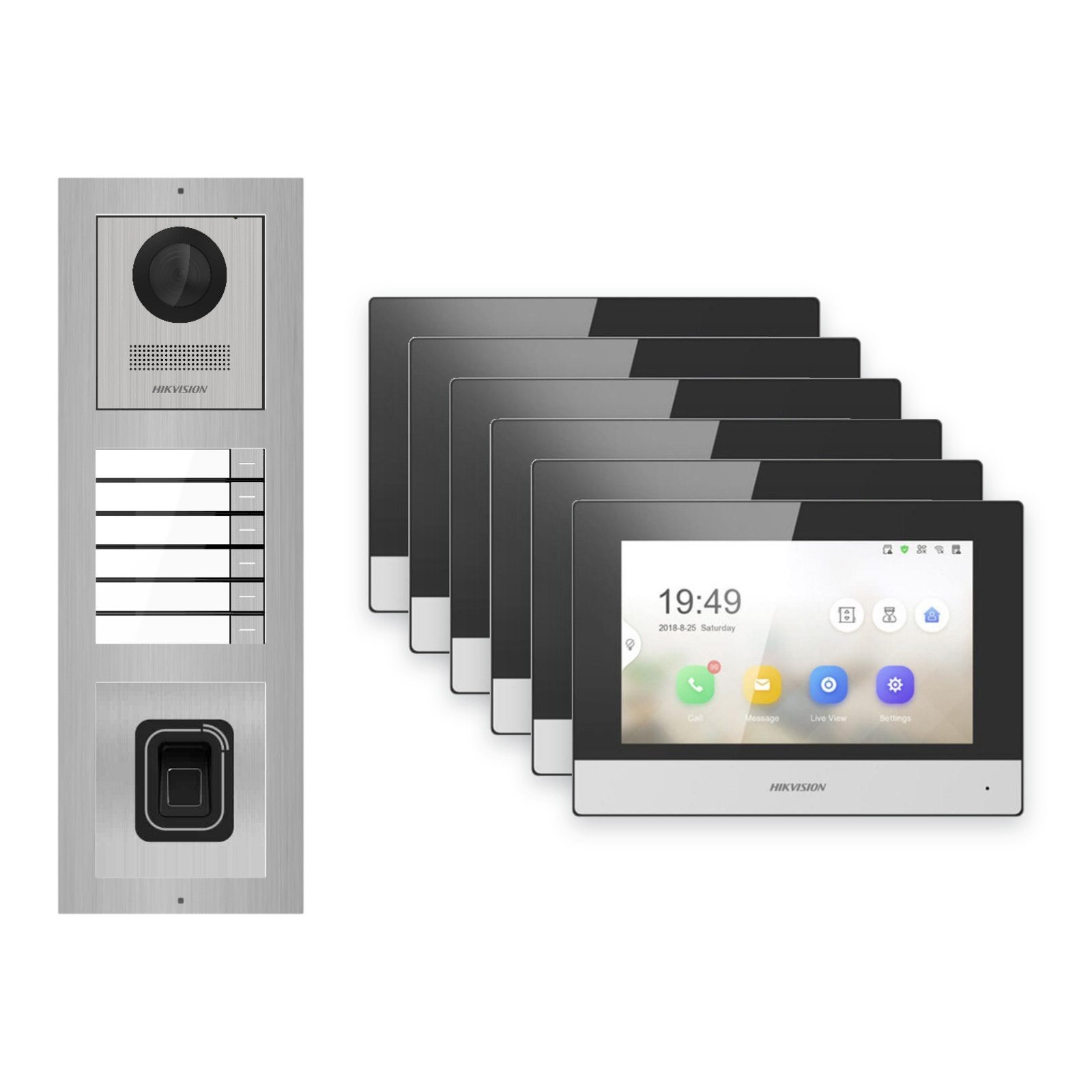 Hikvision 2-Draht-IP Video-Türsprechanlage 6-Familienhaus – Komplett-Set mit Fingerprint, Monitor schwarz – Türstation und Innenstation