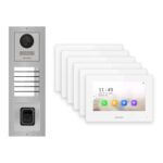 Hikvision 2-Draht-IP Video-Türsprechanlage 6-Familienhaus – Komplett-Set mit Fingerprint, Monitor weiss – Türstation und Innenstation