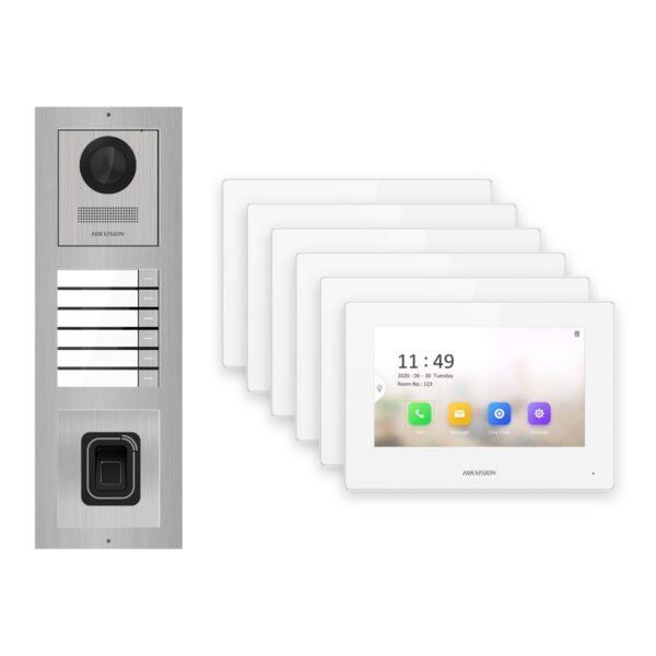 Hikvision 2-Draht-IP Video-Türsprechanlage 6-Familienhaus – Komplett-Set mit Fingerprint, Monitor weiss – Türstation und Innenstation