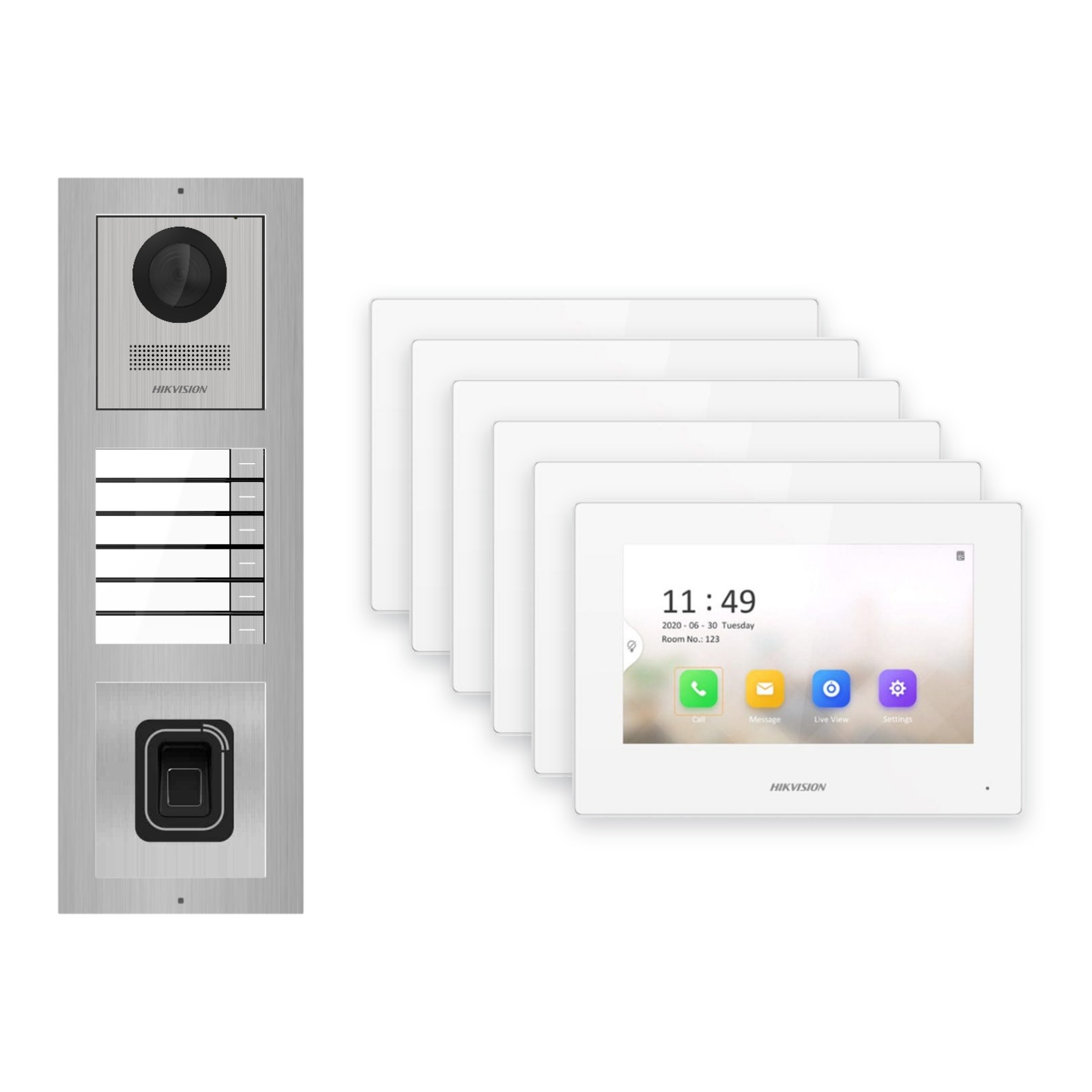Hikvision 2-Draht-IP Video-Türsprechanlage 6-Familienhaus – Komplett-Set mit Fingerprint, Monitor weiss – Türstation und Innenstation