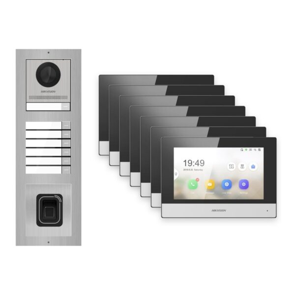 Hikvision 2-Draht-IP Video-Türsprechanlage 7-Familienhaus – Komplett-Set mit Fingerprint, Monitor schwarz – Türstation und Innenstation