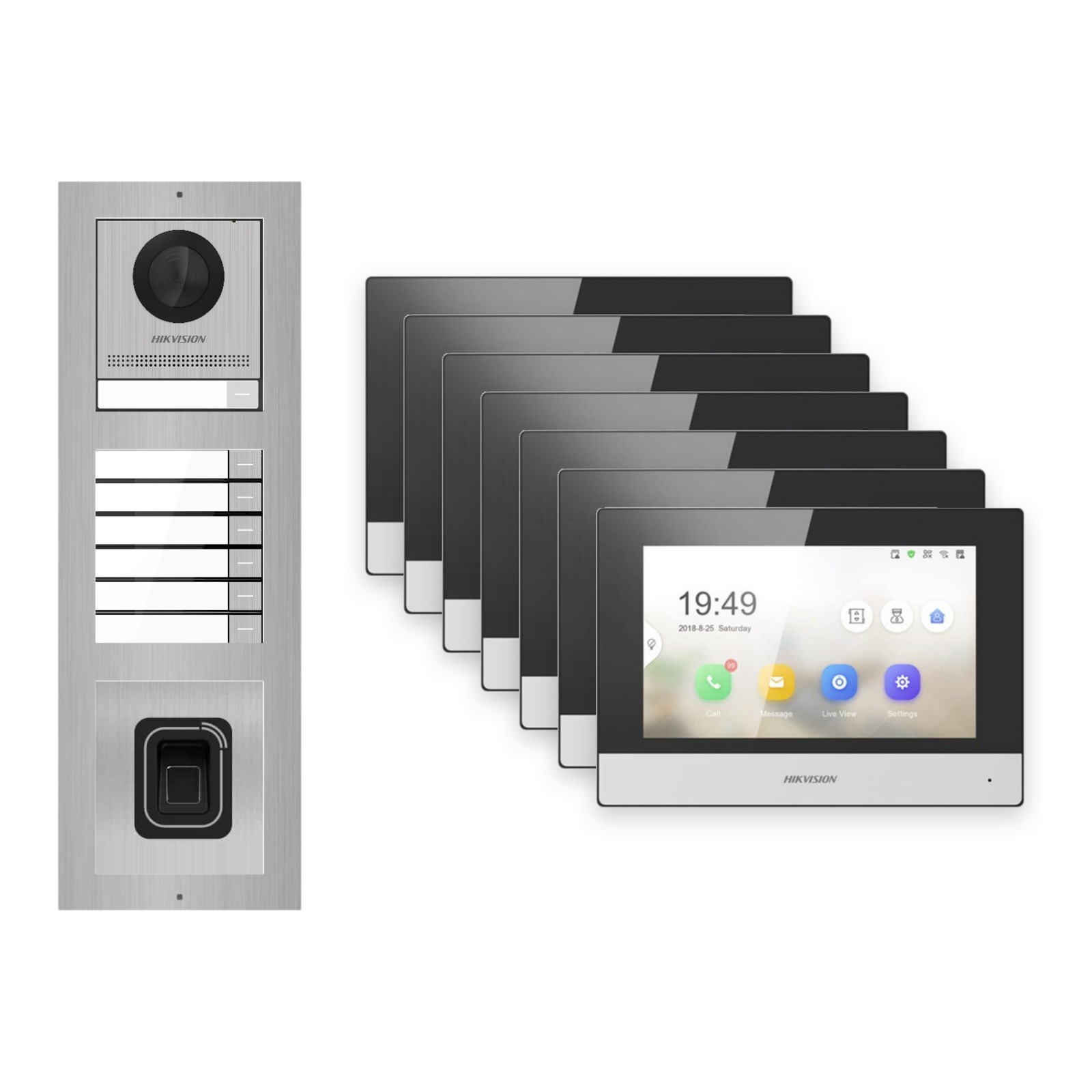 Hikvision 2-Draht-IP Video-Türsprechanlage 7-Familienhaus – Komplett-Set mit Fingerprint, Monitor schwarz – Türstation und Innenstation