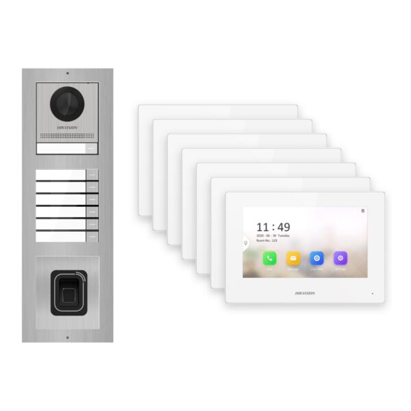 Hikvision 2-Draht-IP Video-Türsprechanlage 7-Familienhaus – Komplett-Set mit Fingerprint, Monitor weiss – Türstation und Innenstation